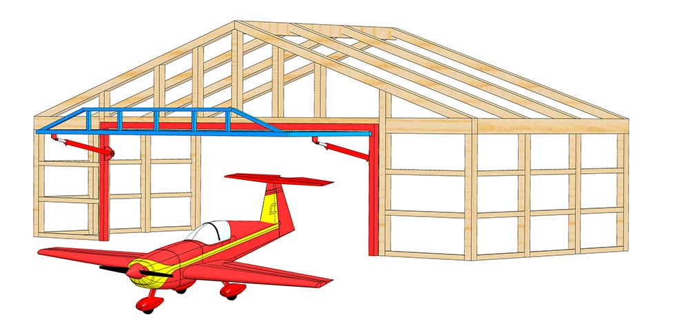 Hydraulic door with external truss on wood building