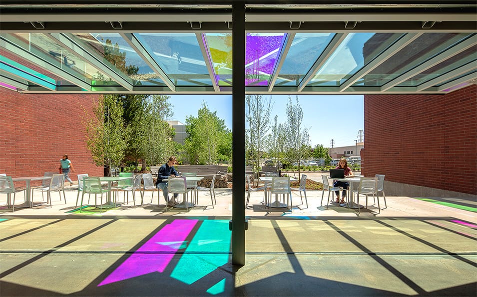 View from underneath a custom colorful Schweiss hydraulic door while open