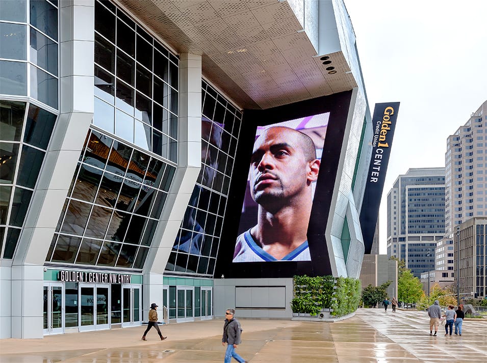 Exterior view of multiple Schweiss bifold doors installed at Golden 1 Center shown closed