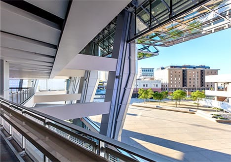 Interior view of multiple Schweiss bifold doors installed at Golden 1 Center shown fully open