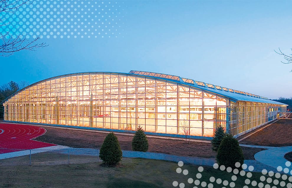 Distanced view of Kenyon College's fitness center where a custom Schweiss glass bifold door is installed