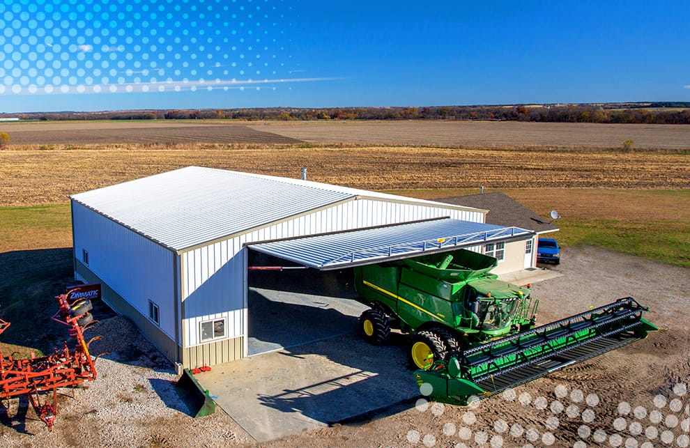 Overhead view of Schweiss hydraulic door fitted on a farm building installed by Koehn Construction