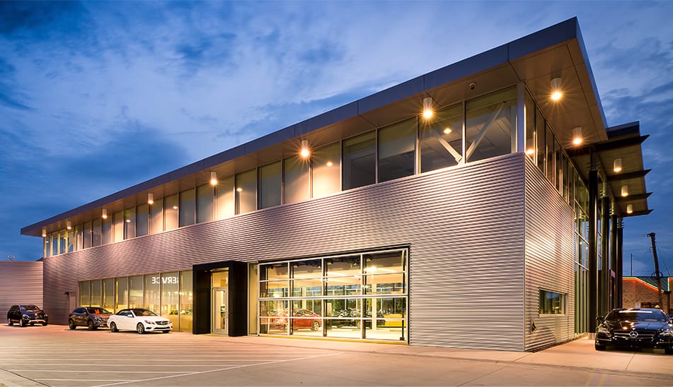 Schweiss glass bifold doors installed on Mercedes-Benz Dealership in St. Louis in the closed position