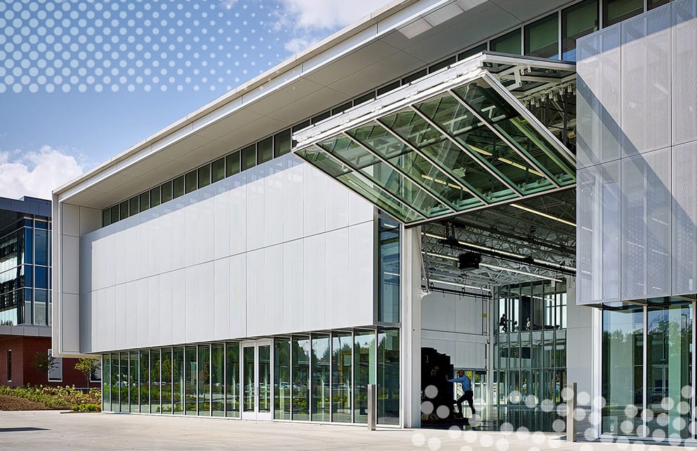 Angled view of custom Schweiss glass bifold door installed on Metropolitan Community College in Nebraska