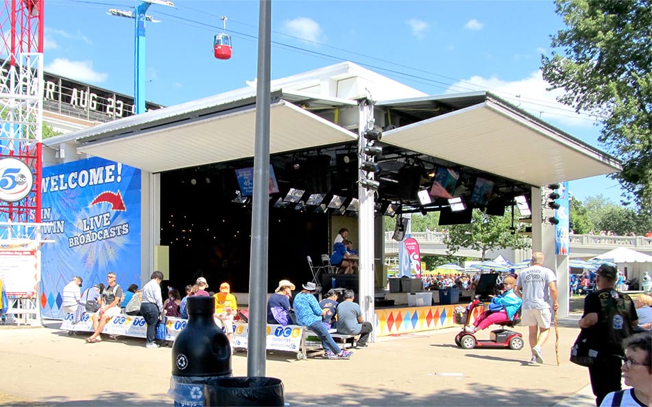 Multiple Schweiss bifold doors installed on braodcasting booth at Minnesota State Fair