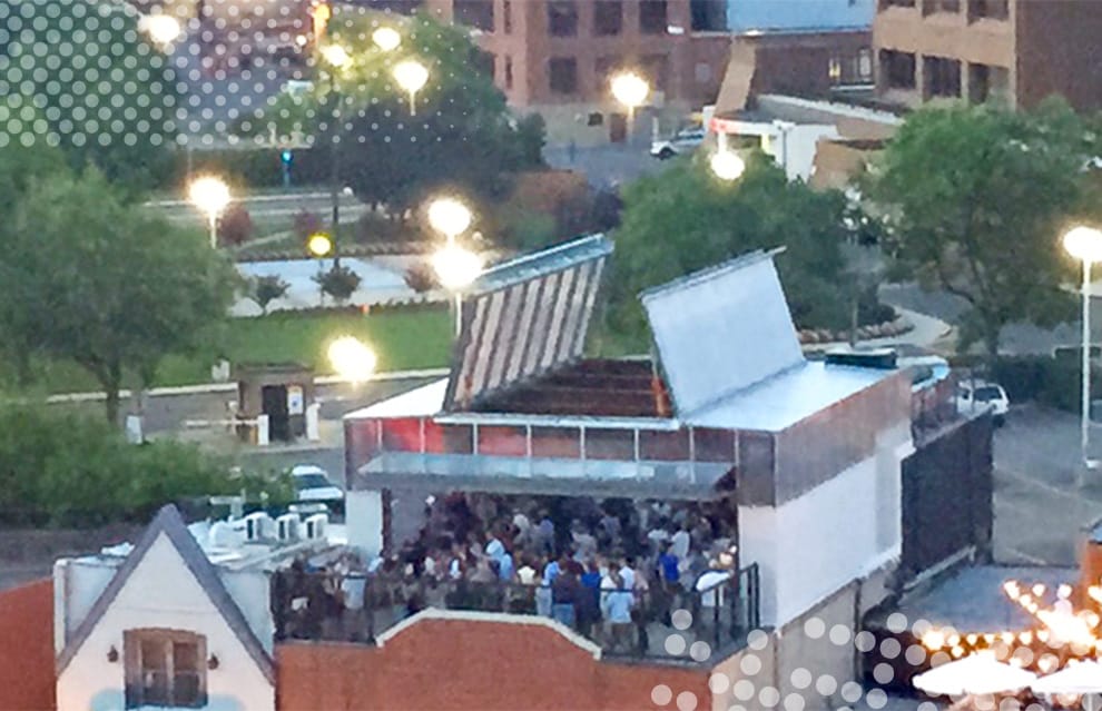 Two custom Schweiss hydaulic doors being used as a skylight in a Washington D.C. nightclub