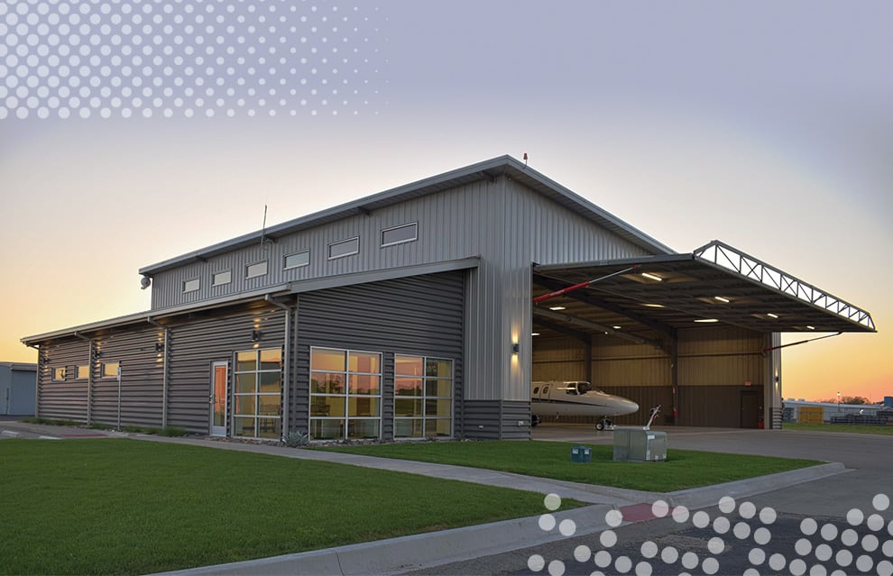 Wide shot of Prime Metal Buildings & Components new hangar fitted with a Schweiss hydraulic door