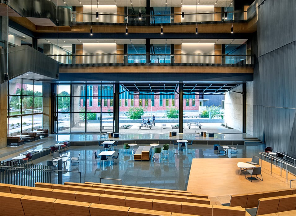 Interior view of the three glass hydraulic Schweiss doors that make up an entire wall of the Health Science building at the University of Arizona