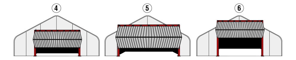 Diagram showing bifold doors attached to different freestanding header styles on hoop buildings