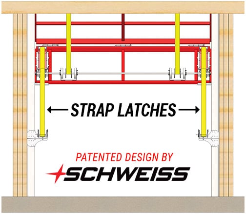 Diagram of patented strap latch design by Schweiss