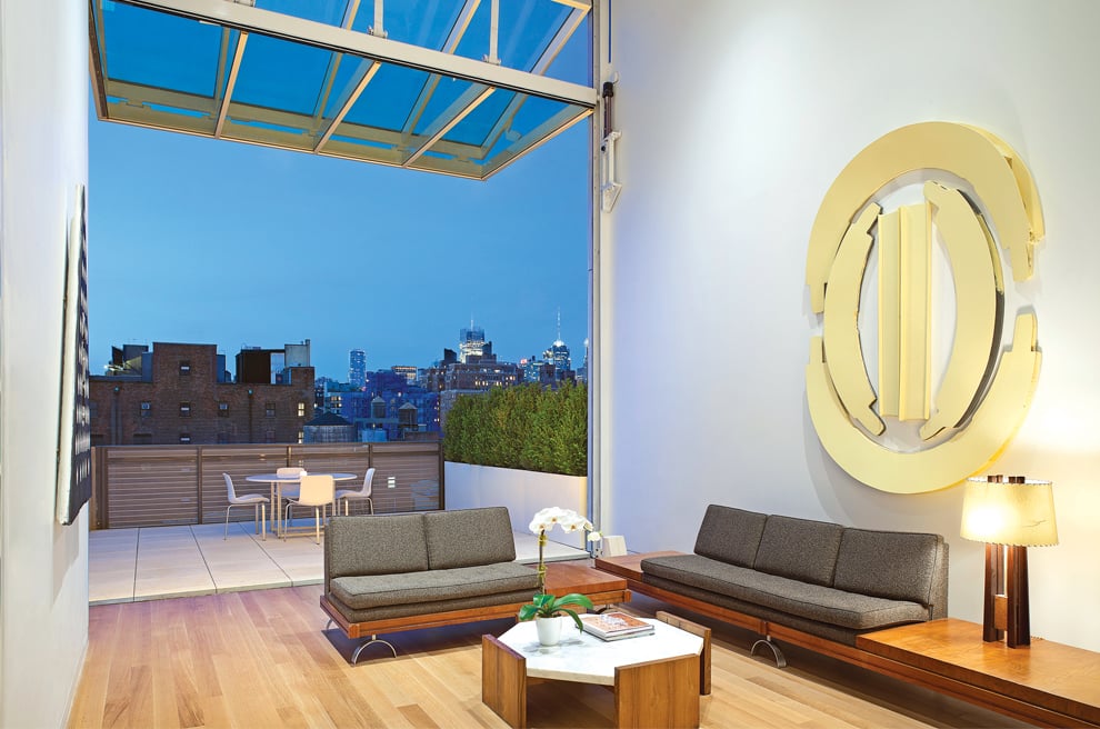 Schweiss Apartment Doors in Manhattan, NY with view of city skyline