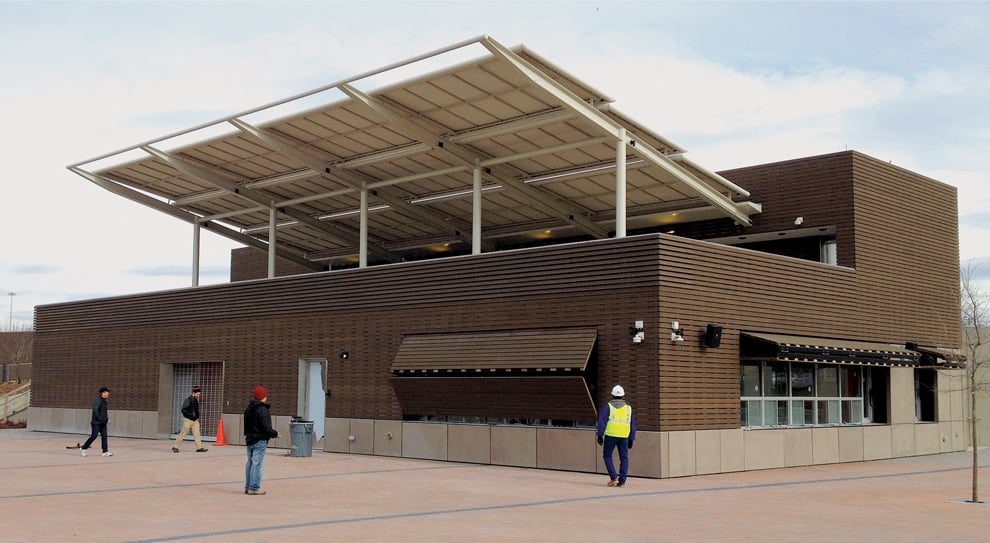 Schweiss Park Doors in Chicago, Illinois have exterior cladding of cedar slats