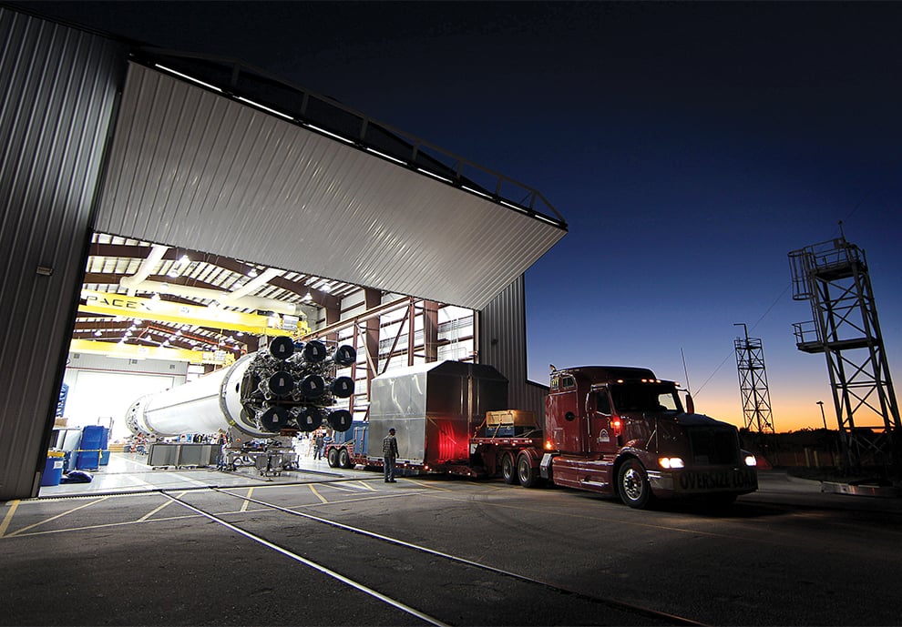 This rocket hangar's Schweiss door was engineered and custom-built to lift over 26.5 tons and windloaded to 150mph